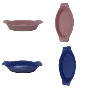 2 Au Gratin Casserole Serving Dishes Pink Blue Ribbed Small 11"L x 5.5" W x 2" H